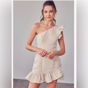 DO+BE One Shoulder Ruffle Hem Mini Cream Dress Size M